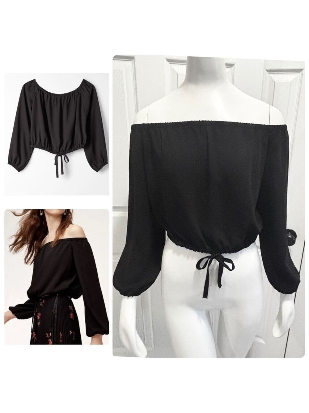 Wilfred Aritzia Eleanora Off the Shoulder Cropped Blouse Black Top Sz XS X-Small